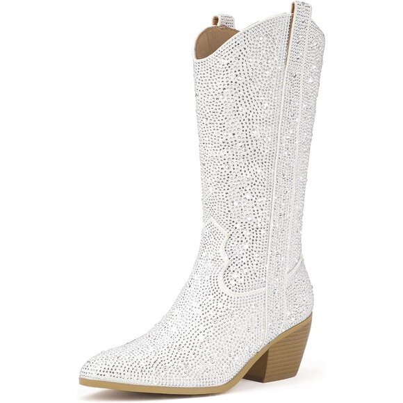 🆕Women White Rhinestone Manmade Material Mid Calf Cowgirl Pointed Toe Boots - Picture 3 of 8